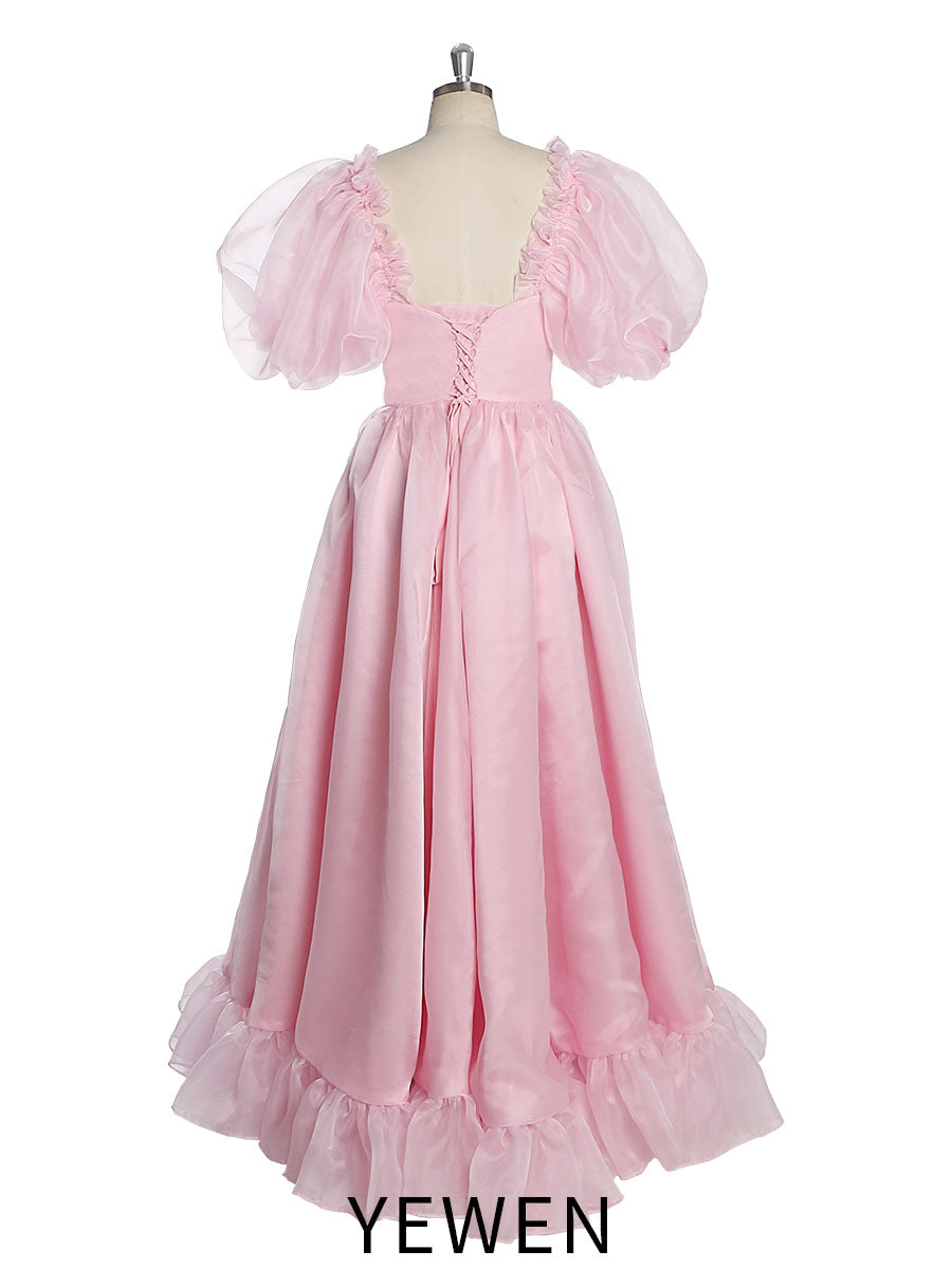 Puff Sleeve Pink Organza Dress Fancy Photo Shoots Dress Lace-Up Back YW231019