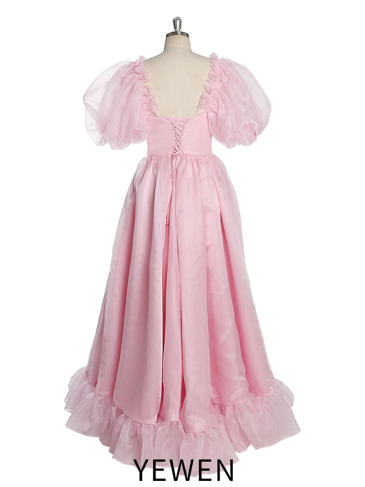 Puff Sleeve Pink Organza Dress Fancy Photo Shoots Dress Lace-Up Back YW231019