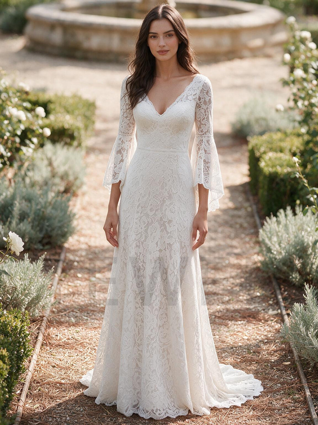 Ivory V-Neck Sheer Bell Sleeve Floral Lace Boho Wedding Dress