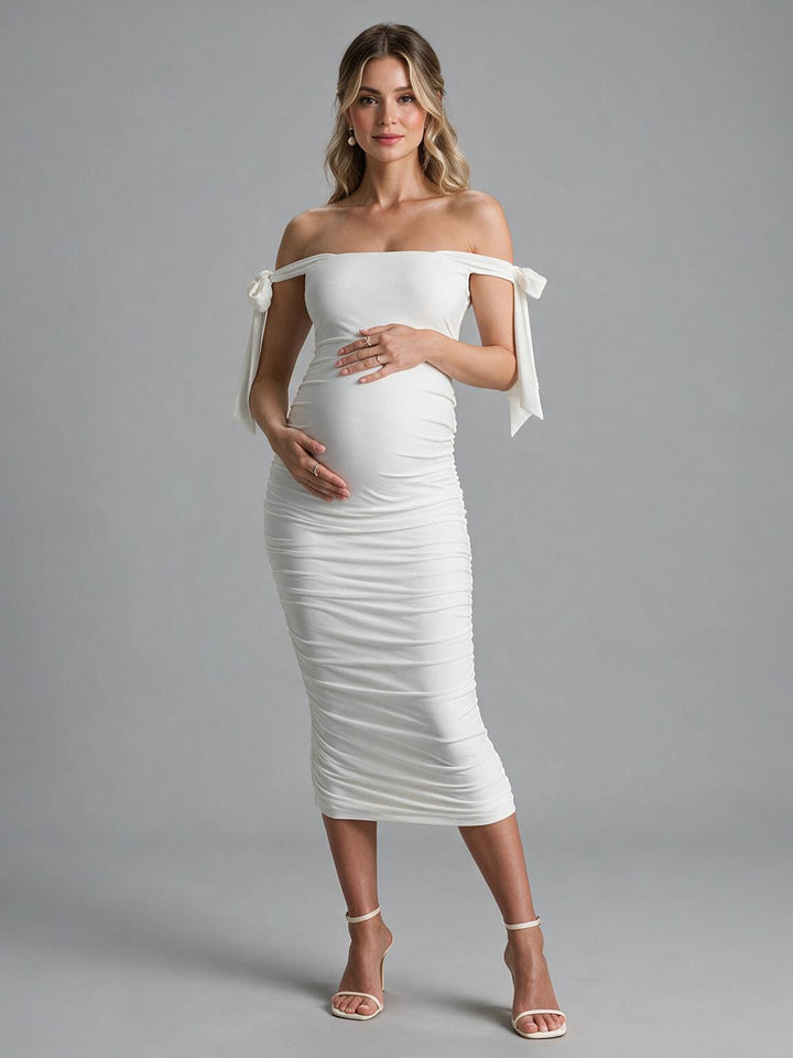 Off-Shoulder Tie Strap Ruched Maternity Dress for Baby Shower YM261001