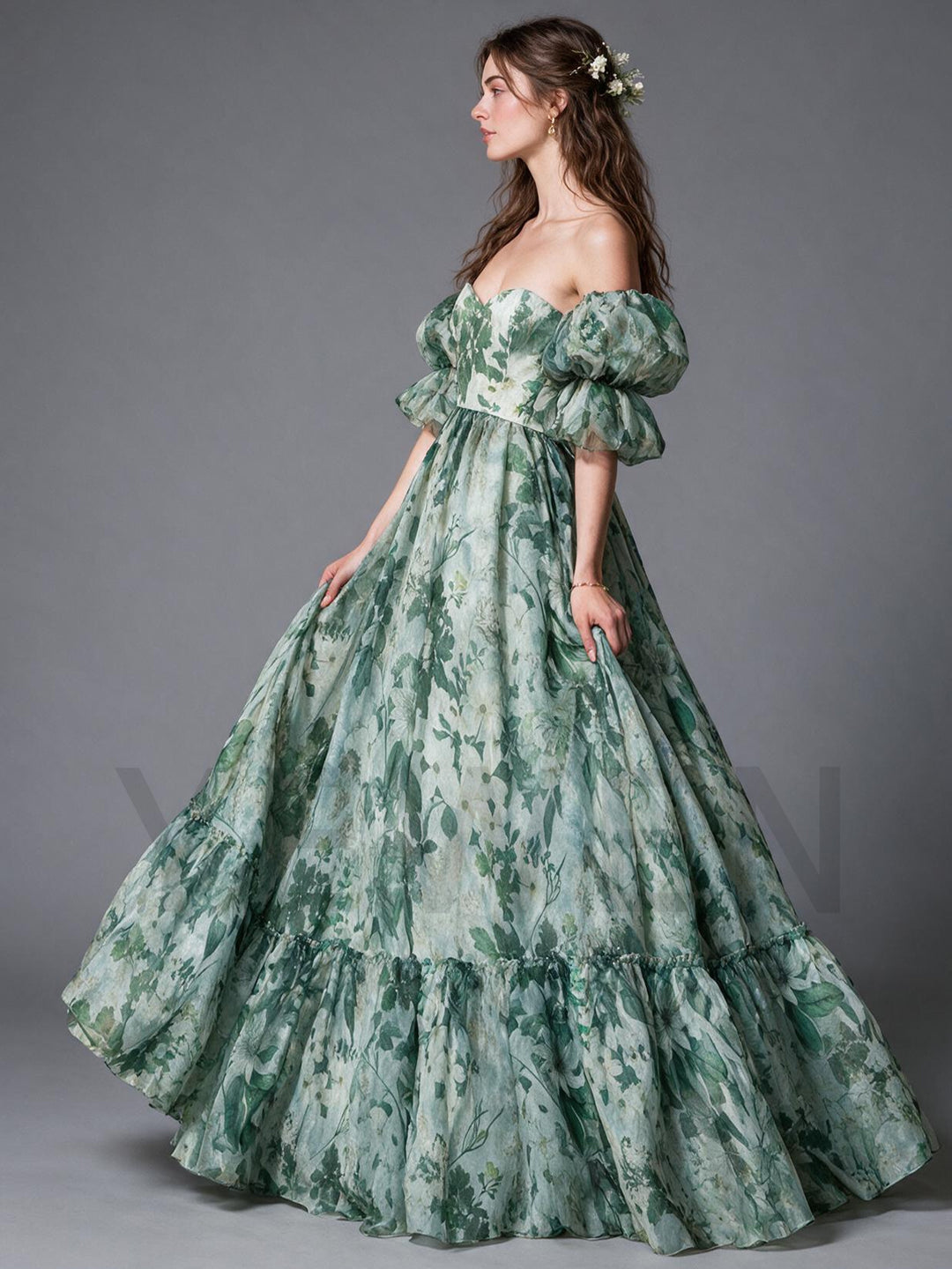 Green Floral Print Off-Shoulder Puff Sleeve Princess Dress YM260902