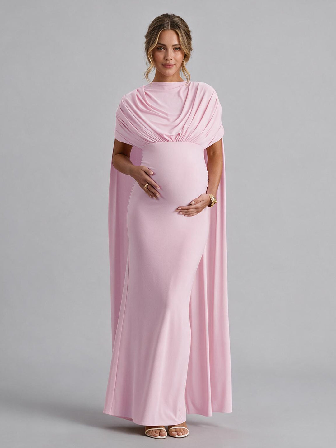 High Neck Ruched Long Cape Maternity Dress for Baby Shower YM261010