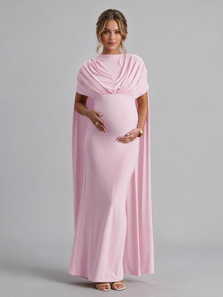 High Neck Ruched Long Cape Maternity Dress for Baby Shower YM261010