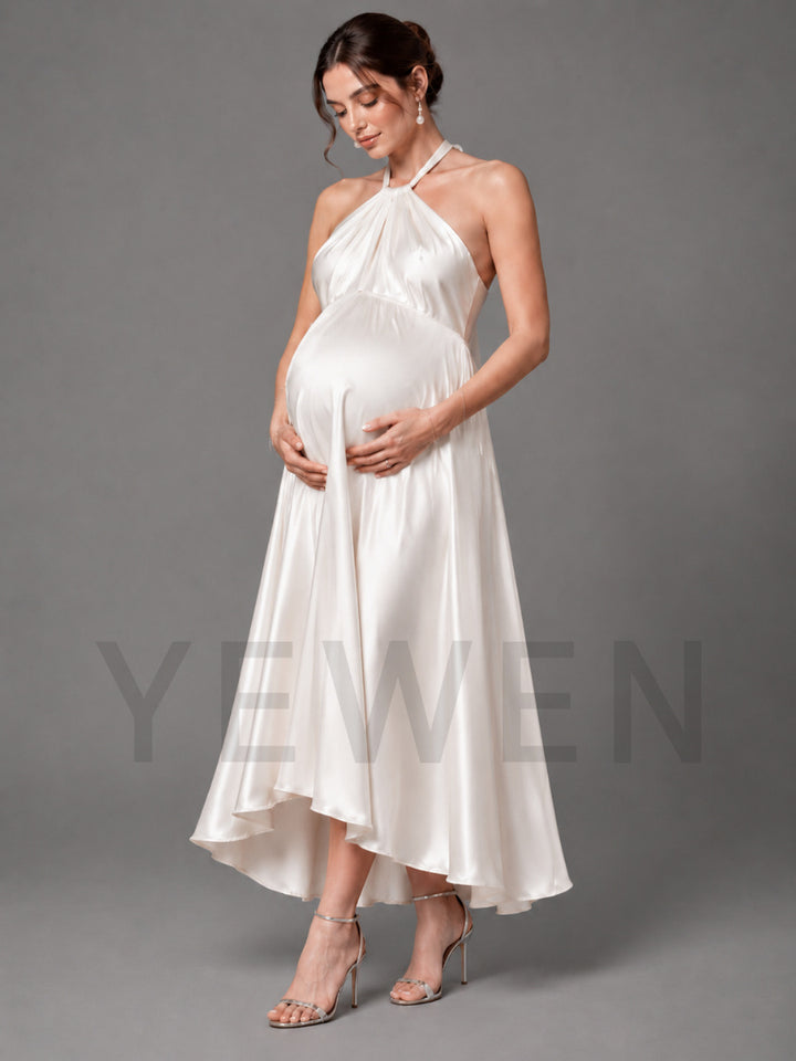 Ivory Halter High-Low Satin Maternity Baby Shower Dress L-26923