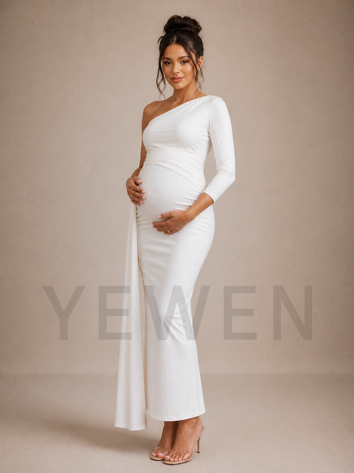 White One Shoulder Maternity Baby Shower Dress ZX009