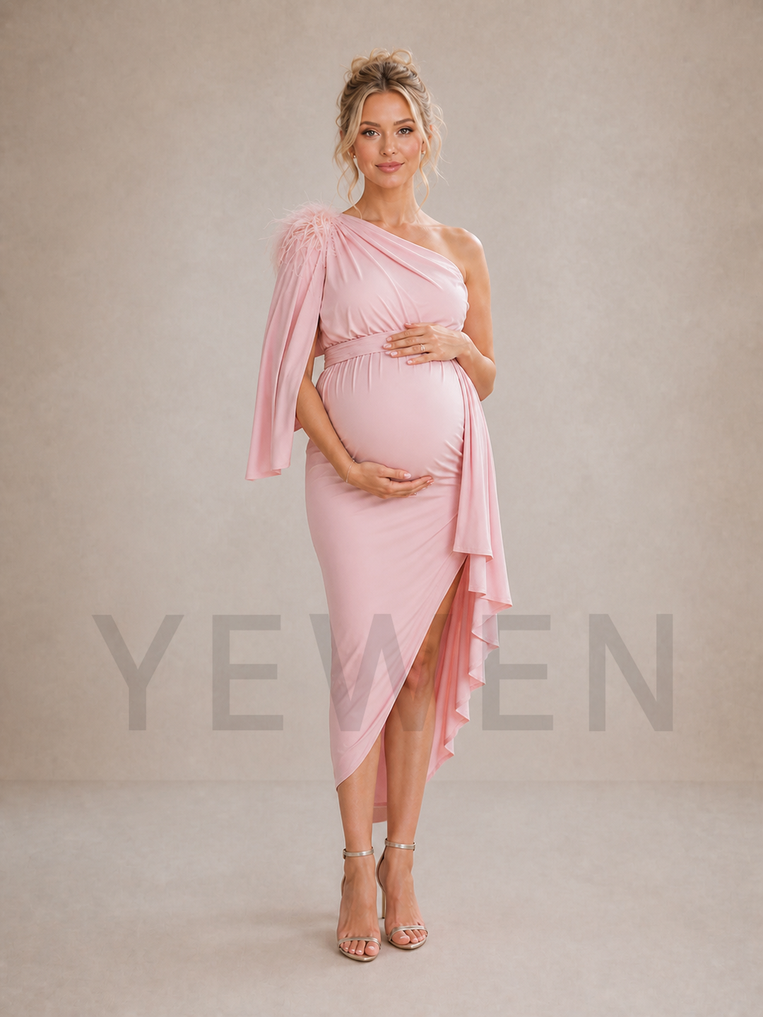 Pink One Shoulder Maternity Baby Shower Dress with Feather Cape Sleeve ZX004