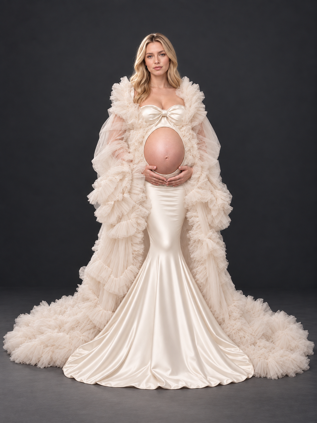 Tiered Ruffle Cape Satin Mermaid Maternity Photoshoot Gown HA260917