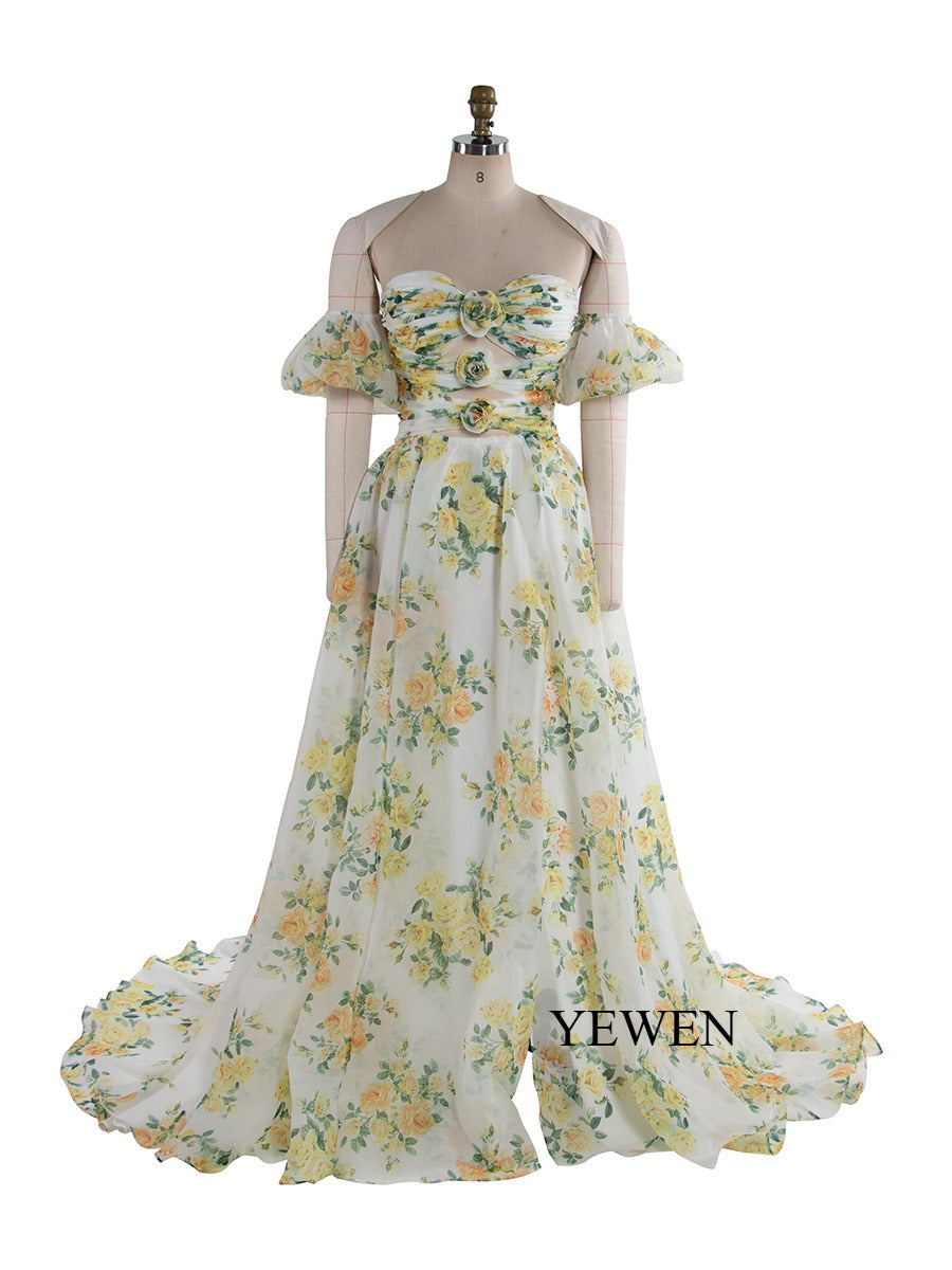 Floral Print Organza Maxi Dress Prom Party Dress Deachable Short Sleeves YW230739