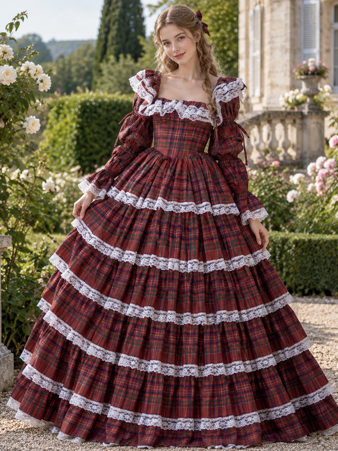 Red Tartan Plaid Lace Ruffle Puff Sleeve Princess Dress YW2609299