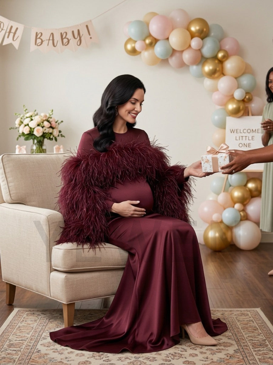 Burgundy Dramatic Feather Cape Maternity Baby Shower Dress YD260917