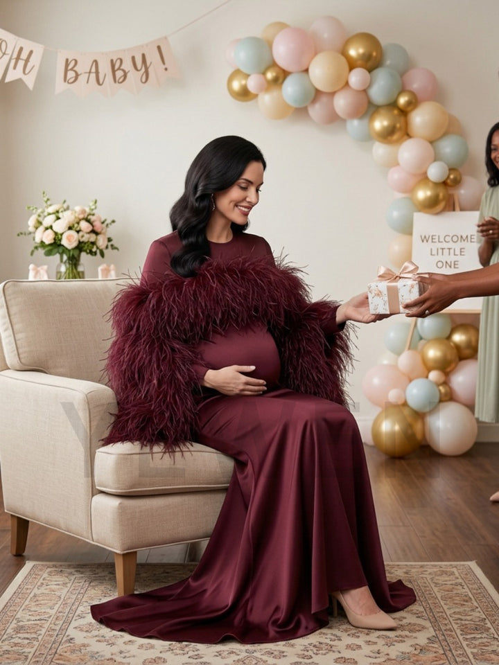 Burgundy Dramatic Feather Cape Maternity Baby Shower Dress YD260917