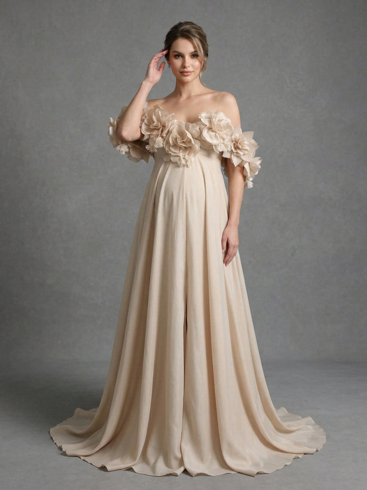 Champagne Off-Shoulder 3D Floral Maternity Photoshoot Gown YD260906