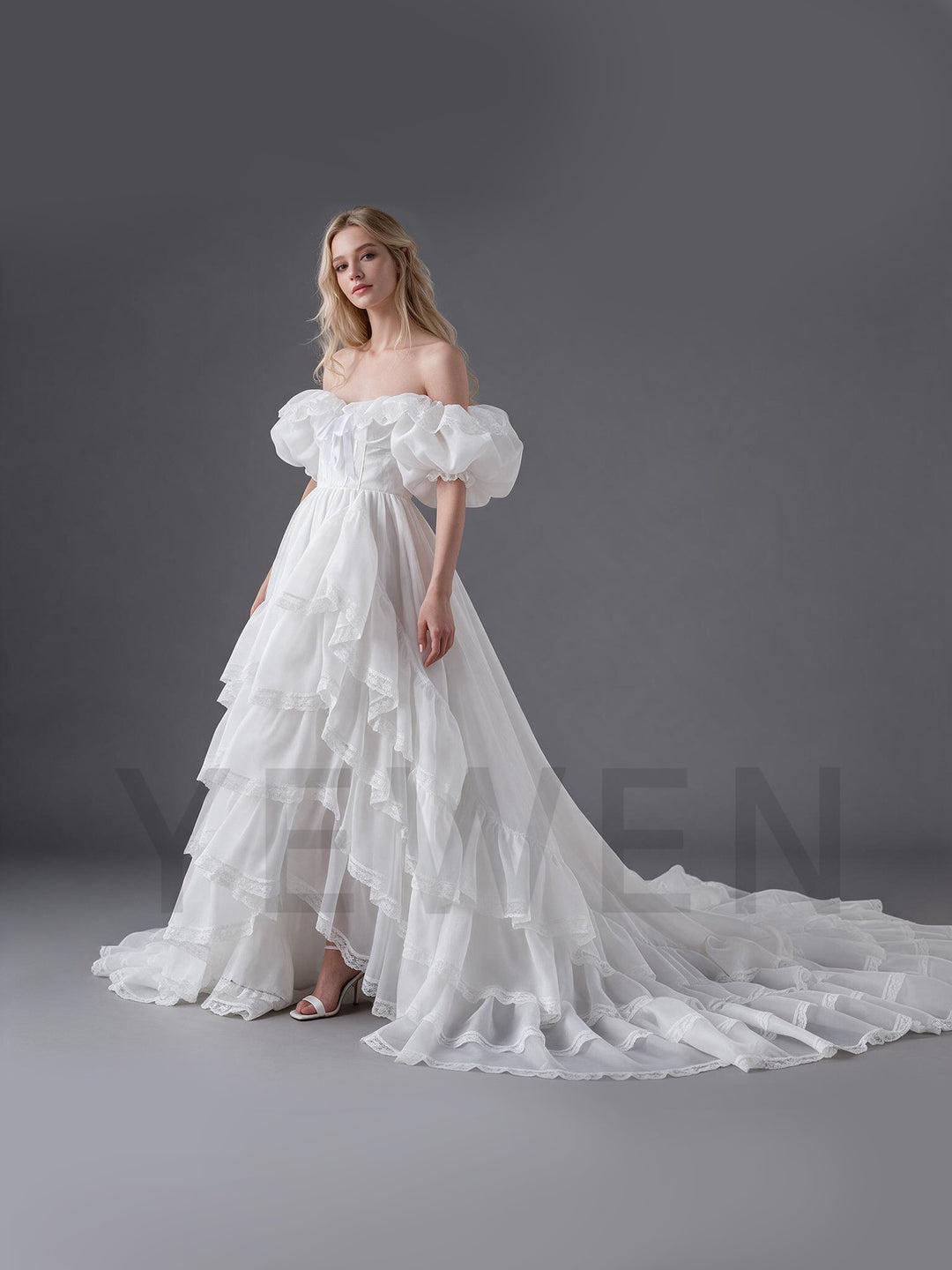 White Puff Sleeve Tiered Ruffle Princess Dress with Bow YW26101410