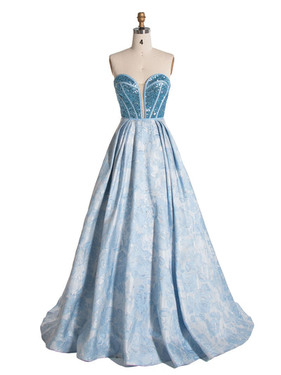 Elegant Sweetheart Blue Sequin Corset, Top Jacquard, Long Prom Dress