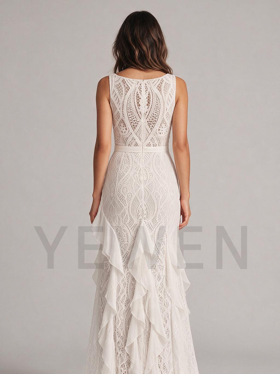 Ivory Embroidered Lace Wedding Dress with Sweeping Chiffon Ruffle Slit Skirt