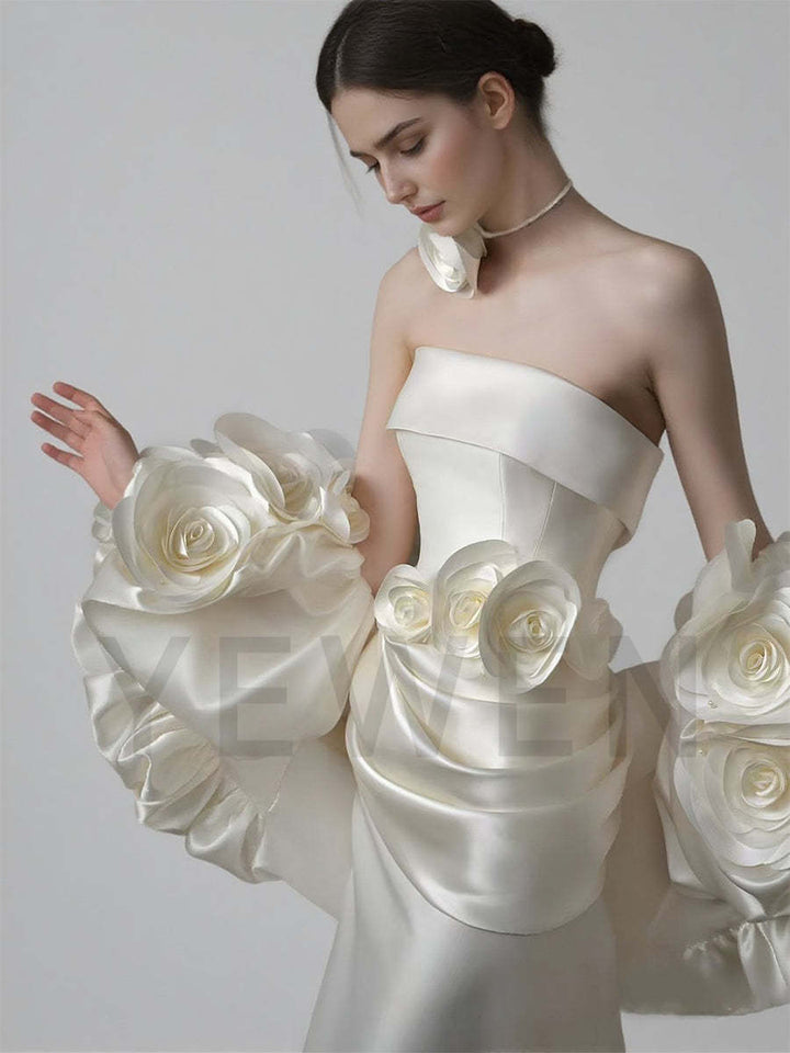 Fashin 3D Satin Flowers Wedding Cape with The Dress Bridal Gown Customised