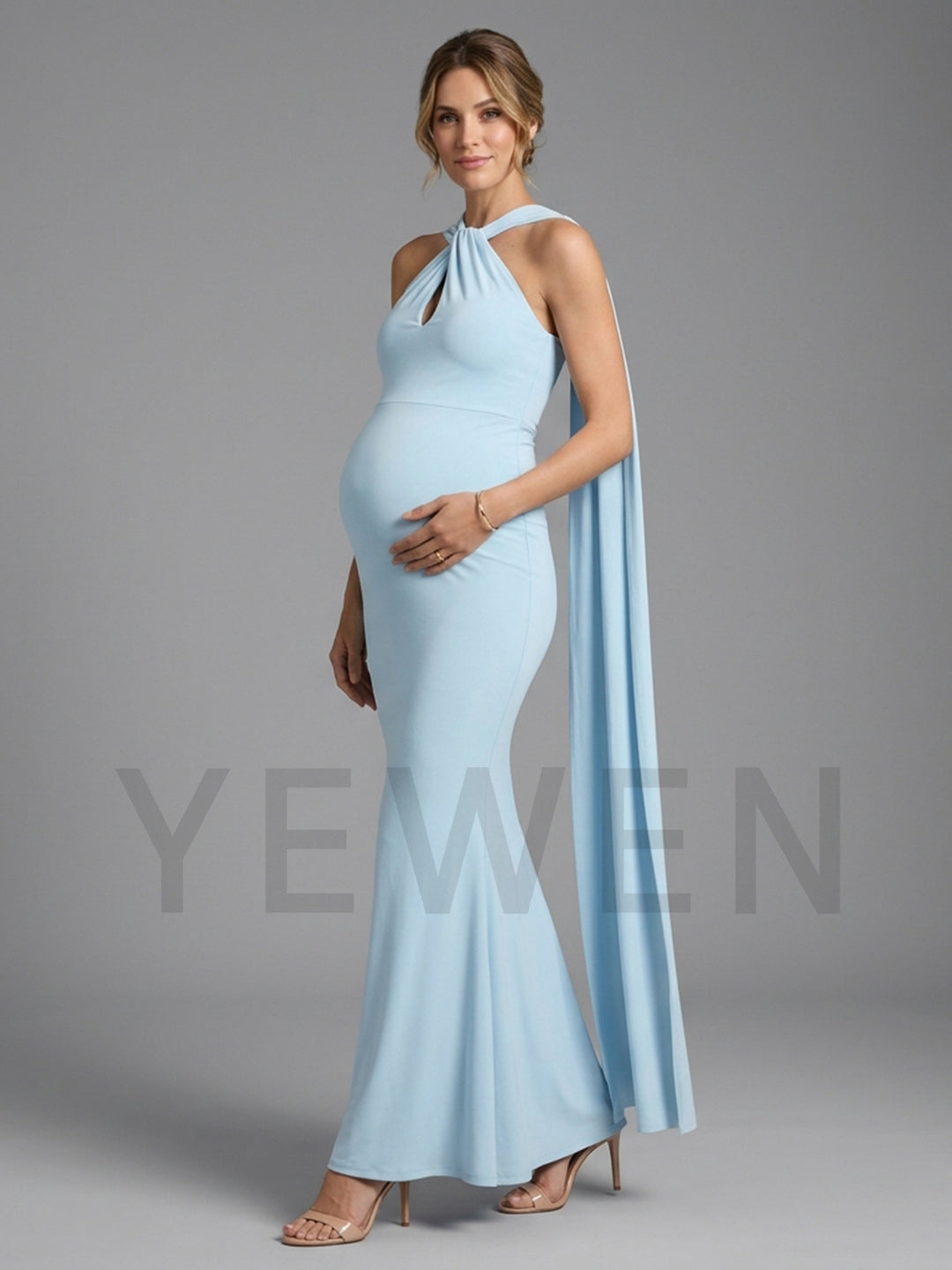Halter Neck Keyhole Cape Maternity Dress for Baby Shower YM261006