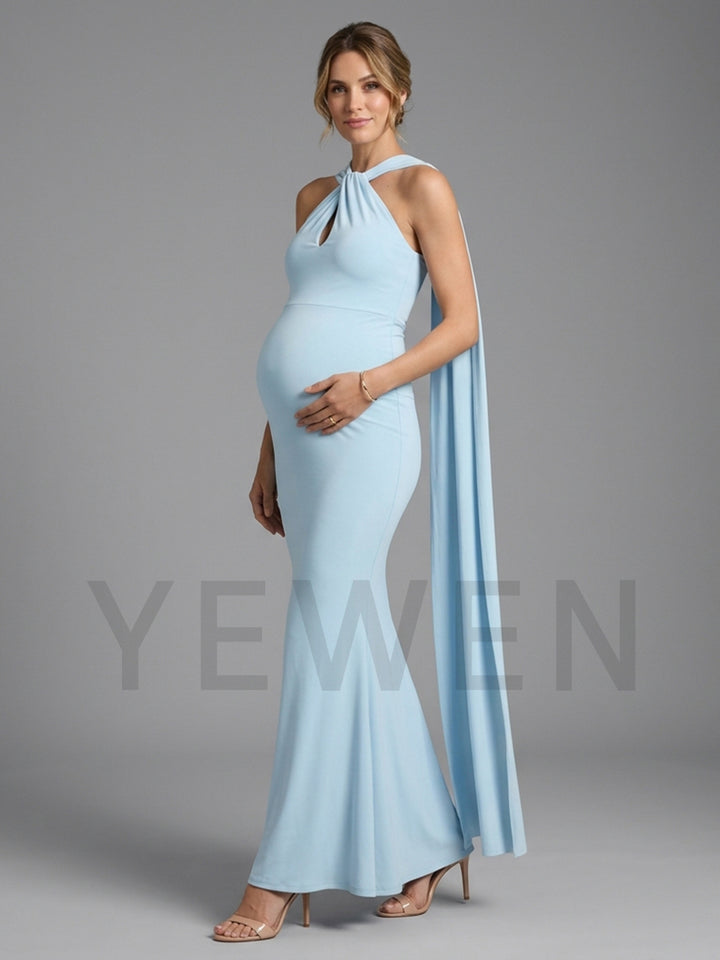 Halter Neck Keyhole Cape Maternity Dress for Baby Shower YM261006