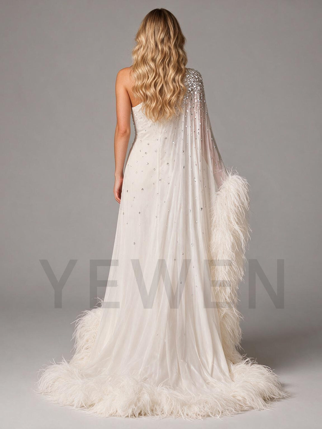 Luxurious One Shoulder Feather Photoshoot Gown Crystal Embellished Bridal Cape Maxi Dress