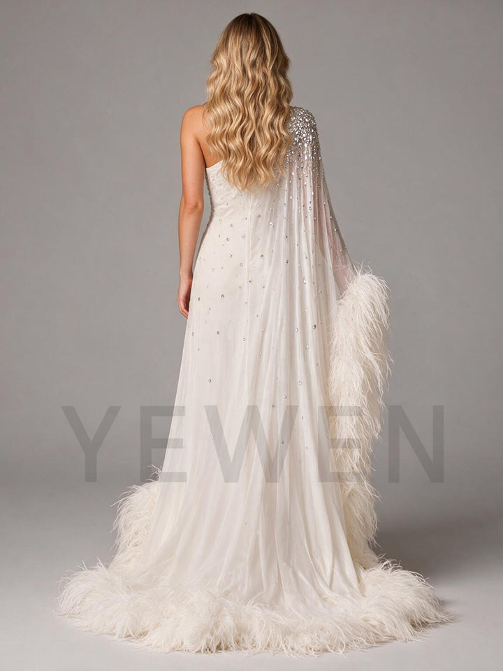 Luxurious One Shoulder Feather Photoshoot Gown Crystal Embellished Bridal Cape Maxi Dress