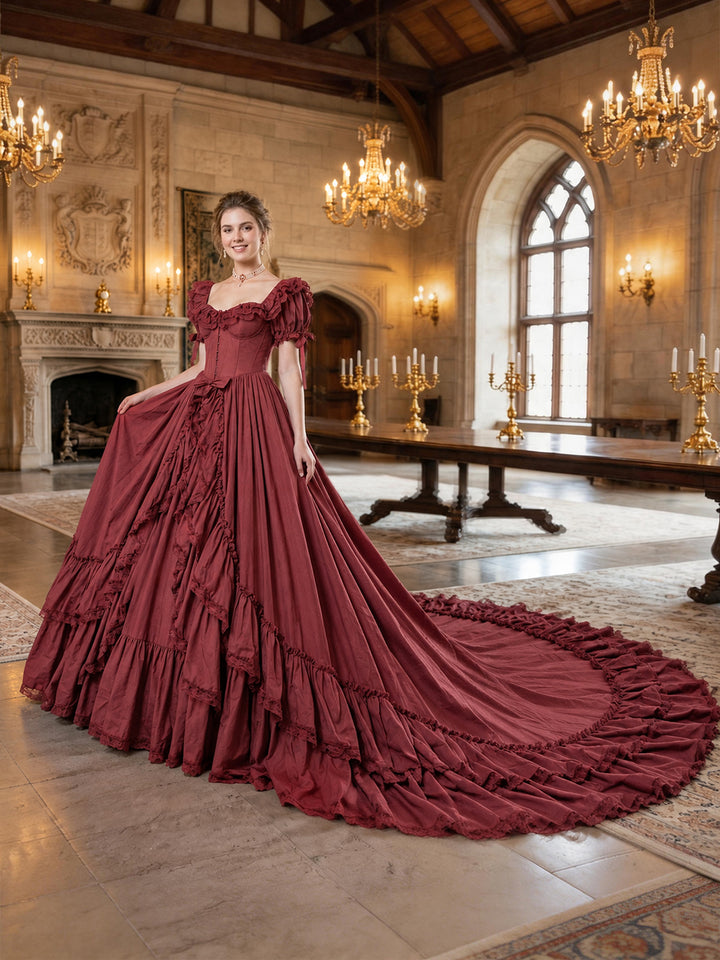 Burgundy Off-Shoulder Ruffled Corset Tiered Christmas Dress YW260357