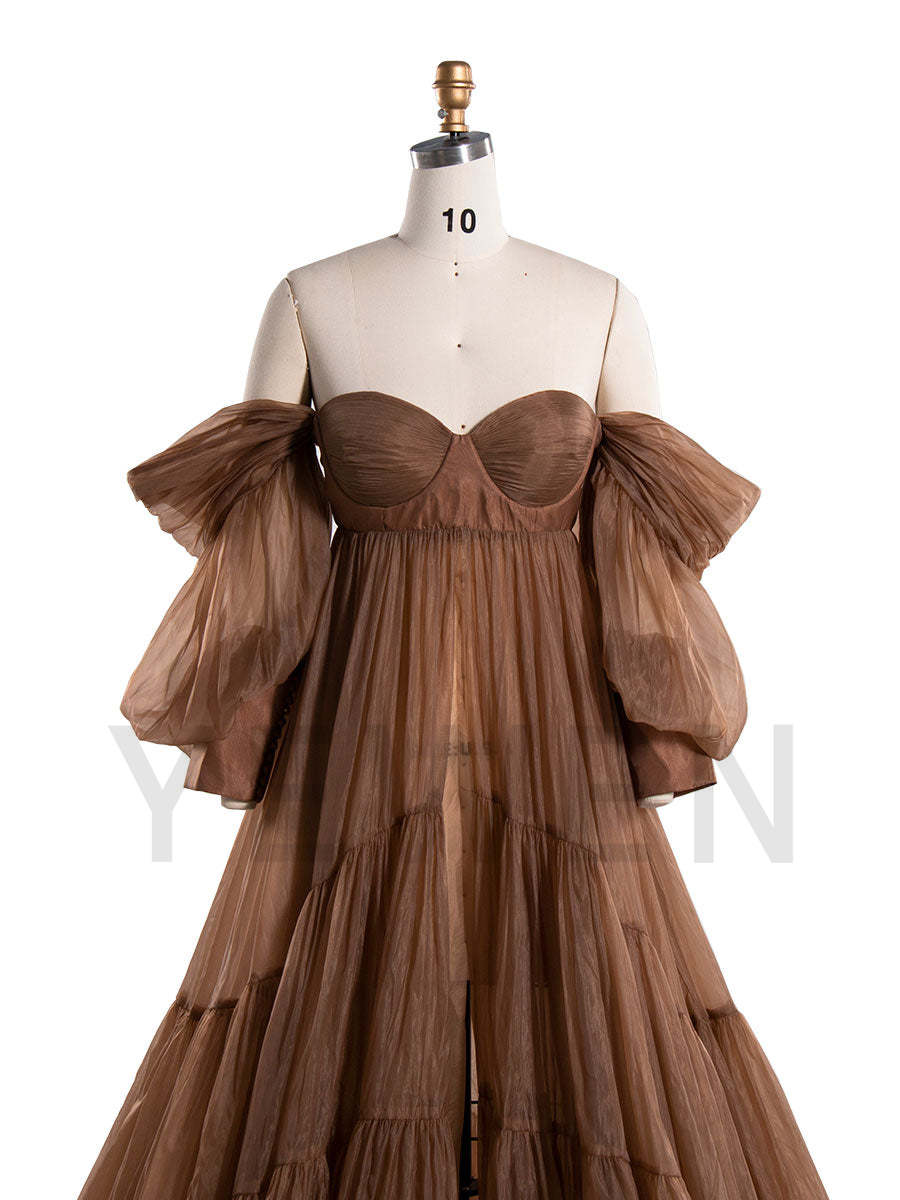 Elegant Off-The-Shoulder Brown Maternity Dress for Photography Photo Shoots yewendress Elegant Off-The-Shoulder Brown Maternity Dress for Photography Photo Shoots yewendress