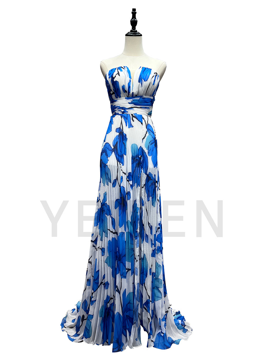 Fashion Blue Print Pleated Evening Dress Long Dress F25162J