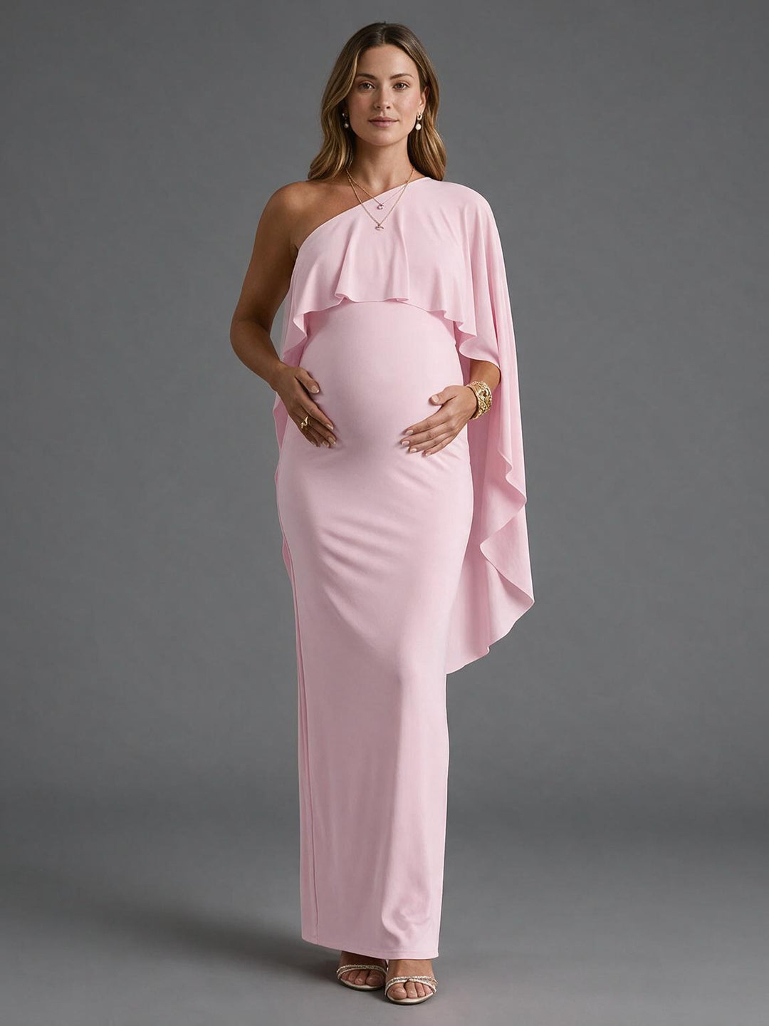 One-Shoulder Cape Sleeve Maternity Dress for Baby Shower YM261003