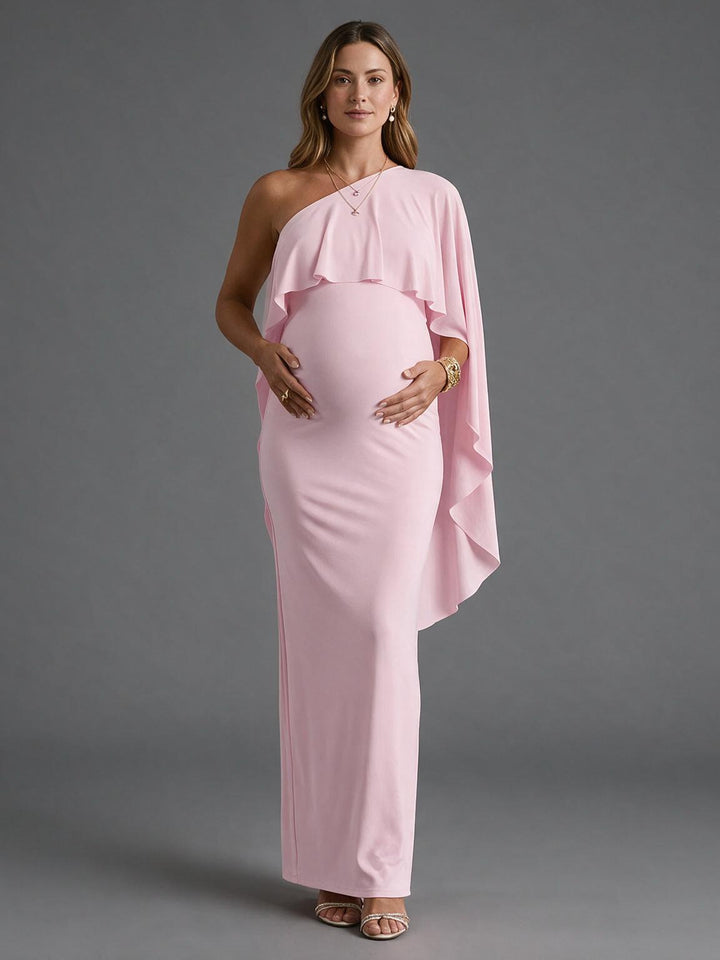 One-Shoulder Cape Sleeve Maternity Dress for Baby Shower YM261003