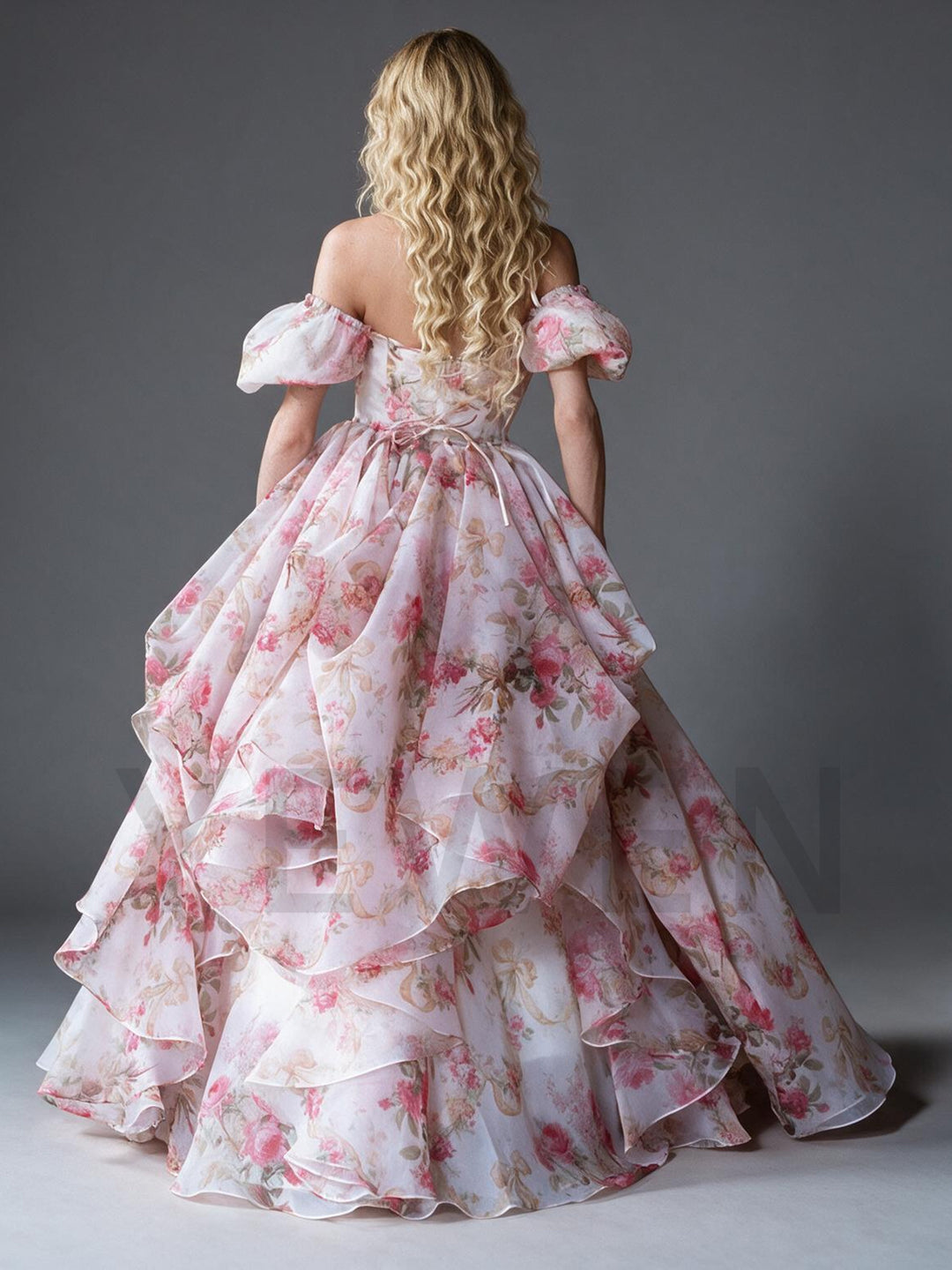 Pink Floral Print Off-Shoulder Puff Sleeve Princess Dress YW2609297