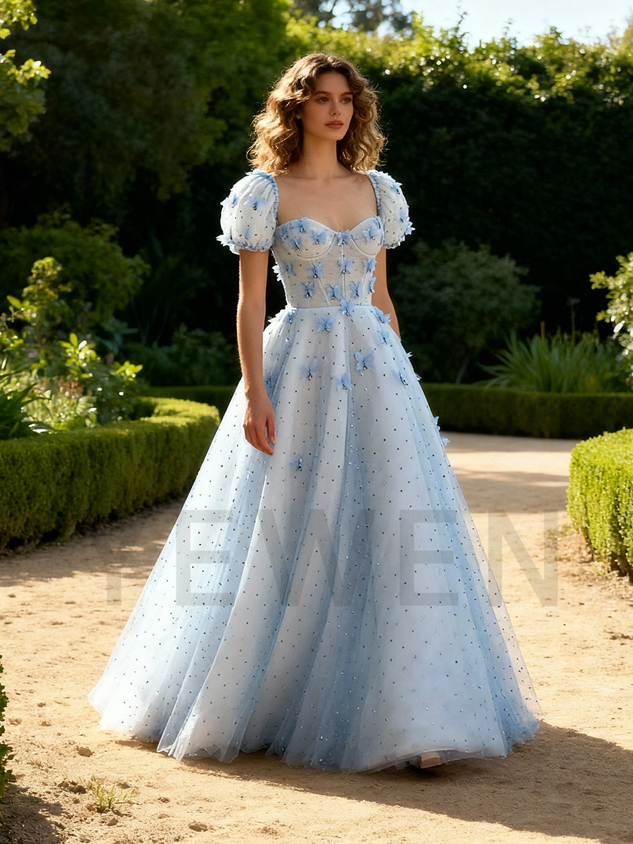 Princess Evening Dress A Line Appliques Crystals Tulle Prom Dress