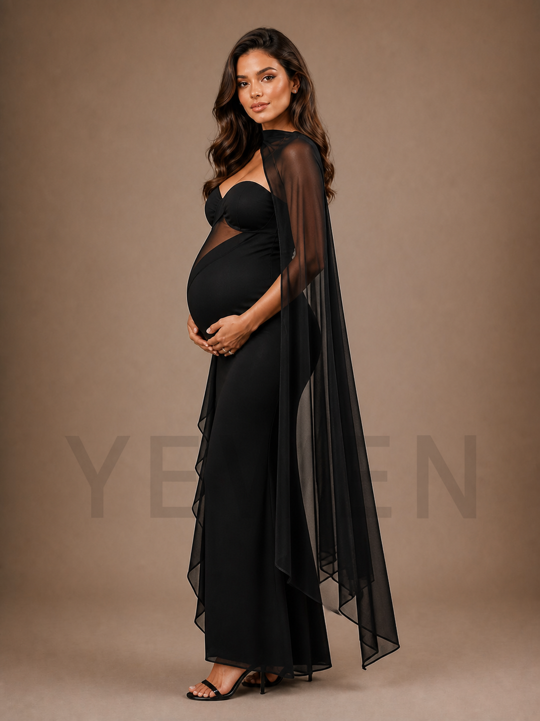 Black Cutout Maternity Baby Shower Dress with Sheer Mesh Cape Overlay ZX019