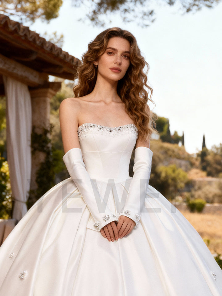 Strapless Satin Wedding Dress Beaded Bridal Gown Customized