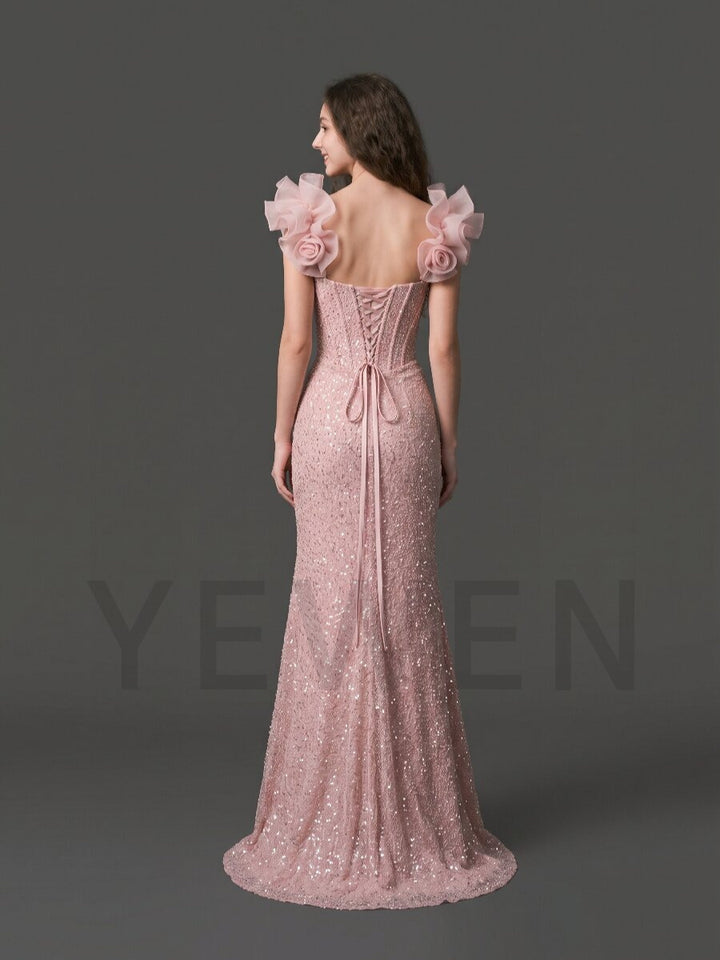 Pink 3D Handmade Rose Shoulder Sequin Corset Evening Dress