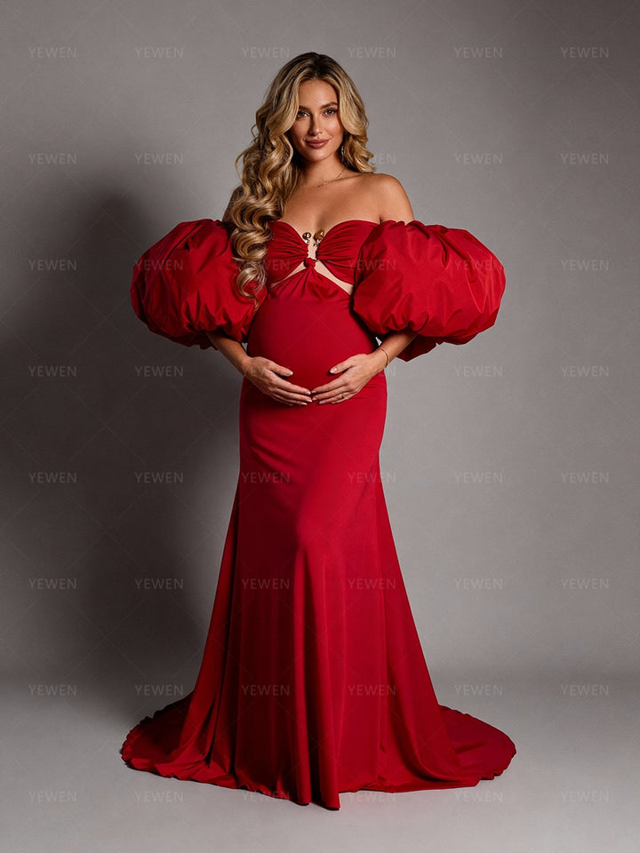 Stretch Mermaid Maternity Photoshoot Dress Puffy Sleeve Baby Shower Gown YW251024