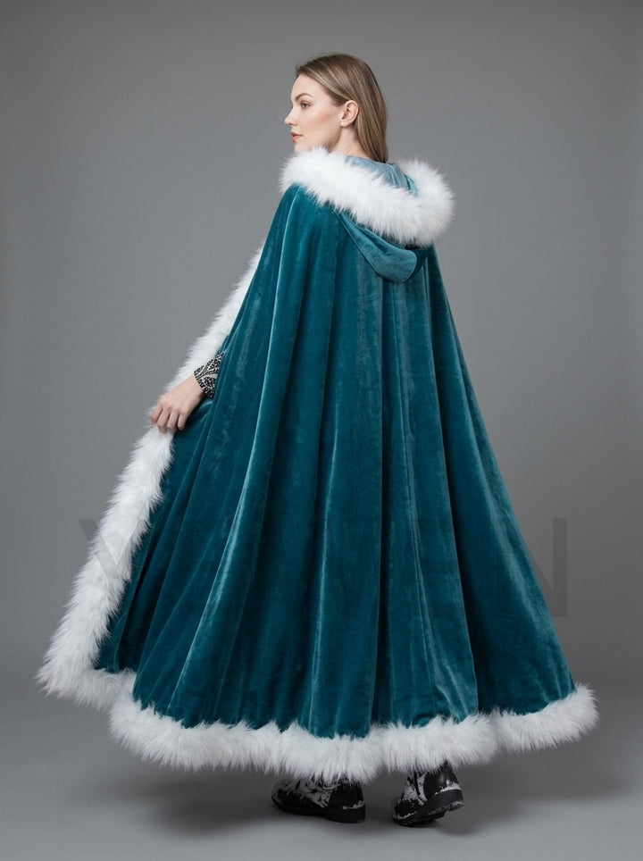 Velvet Hooded Christmas Cape with White Faux Fur Trim YD261013