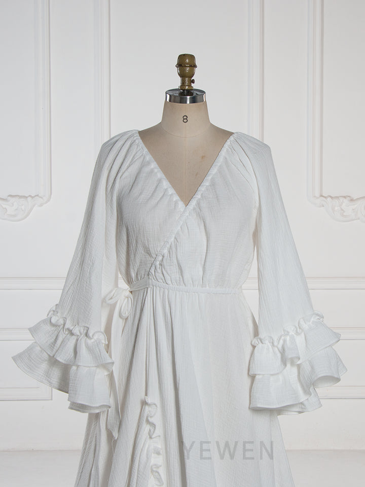 Boho Ruffle Sleeve Maxi Dress V Neck Vintage Bohemian Long Dress YW251051