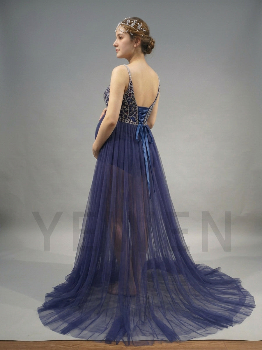 Spaghetti Strap Beaded Sequin Tulle Maternity Photoshoot Gown YD260918