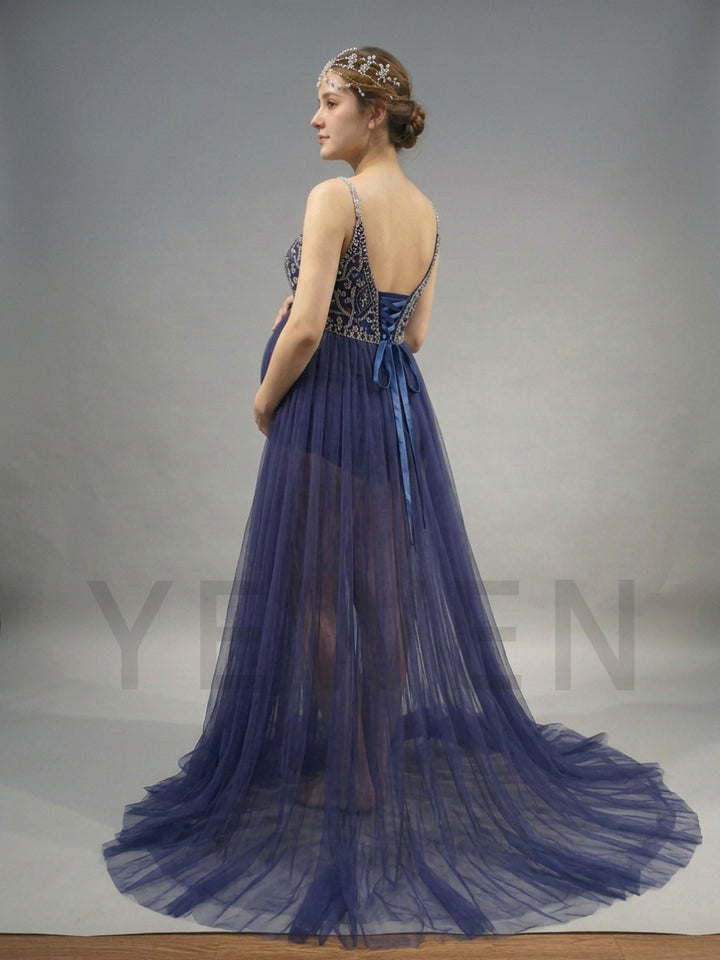Spaghetti Strap Beaded Sequin Tulle Maternity Photoshoot Gown YD260918