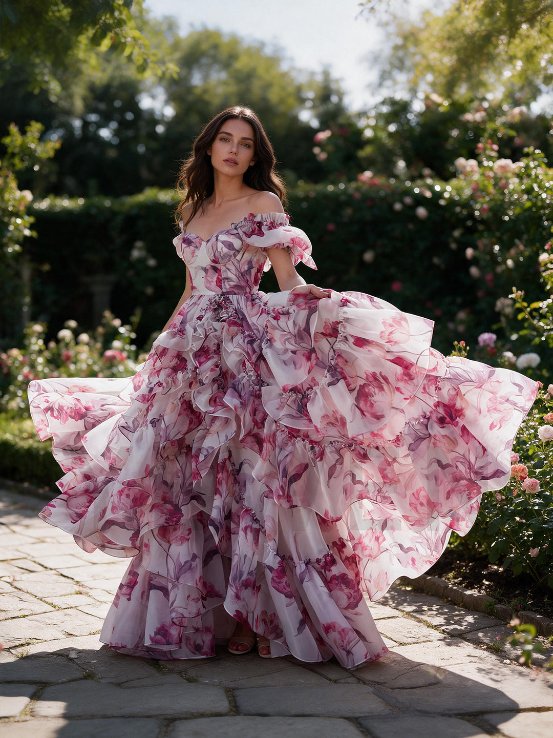 Pink Floral Print Off-Shoulder Tiered Ruffle Princess Dress YW2610133