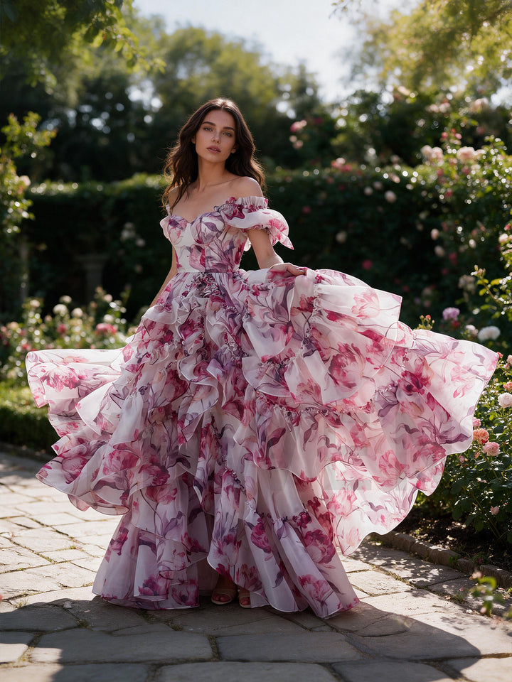 Pink Floral Print Off-Shoulder Tiered Ruffle Princess Dress YW2610133