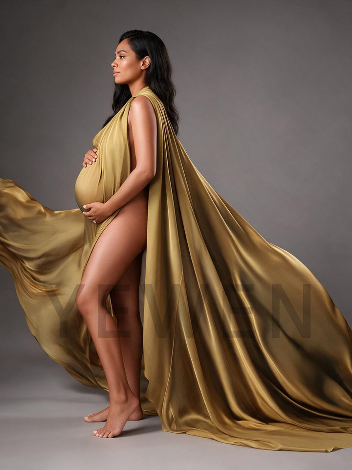 One-Shoulder High Slit Satin Maternity Photoshoot Gown YW2609305