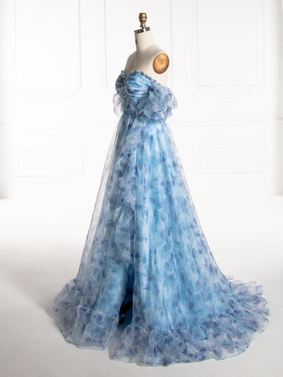 Off The Shoulder Blue Floral Printed Organza Party Dress YE3008