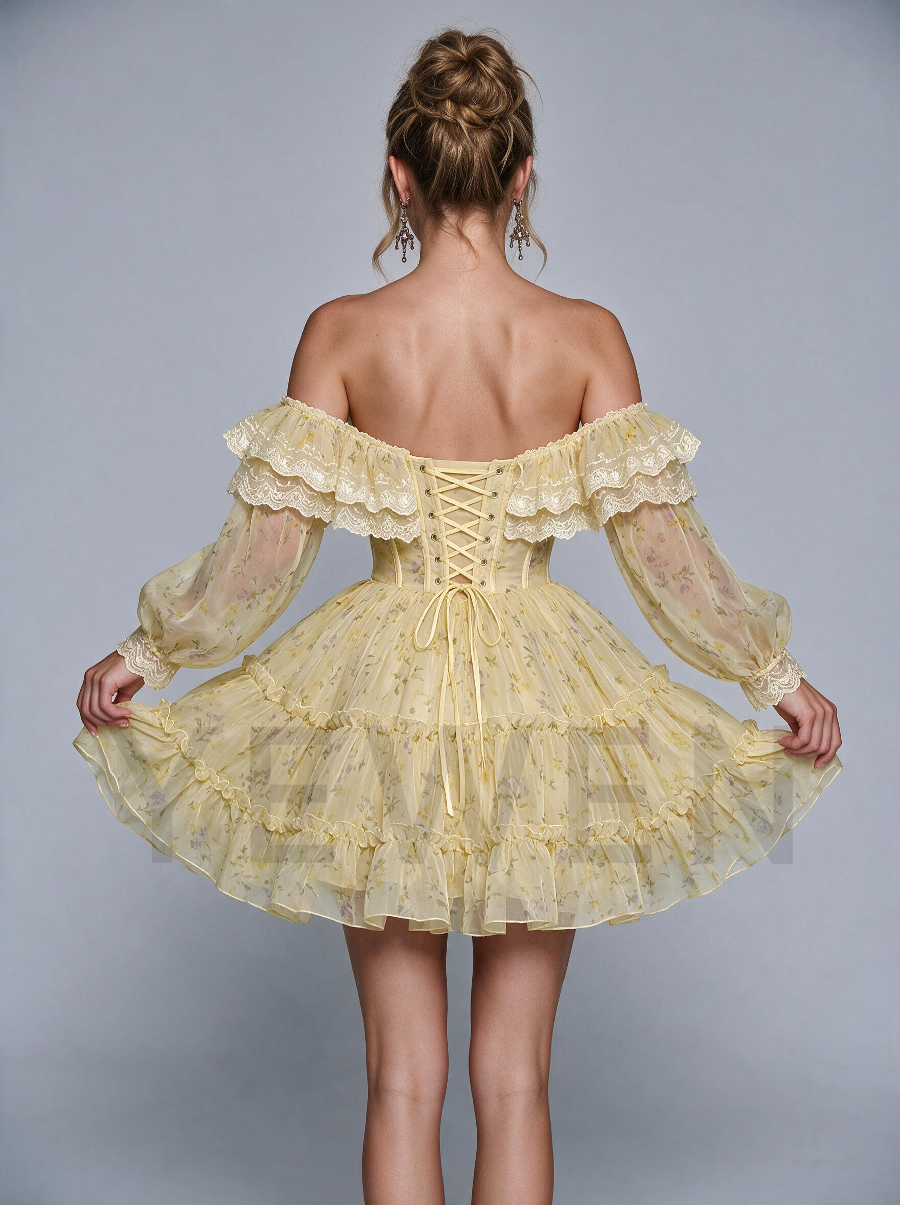 Yellow Off-Shoulder Puff Sleeve Layered Mini Princess Dress WT268007
