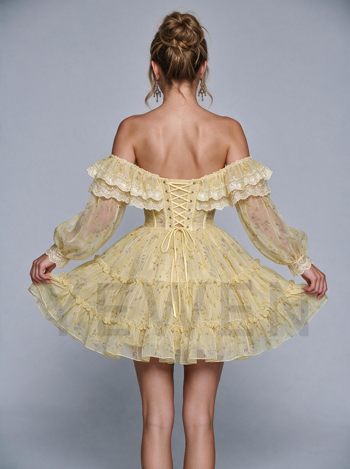 Yellow Off-Shoulder Puff Sleeve Layered Mini Princess Dress WT268007