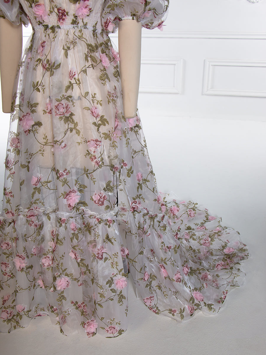 Pink Floral Rose Organza Dress Puff Short Sleeve Photography Dress Client Closet YW240046