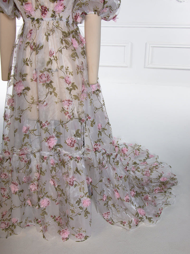 Pink Floral Rose Organza Dress Puff Short Sleeve Photography Dress Client Closet YW240046