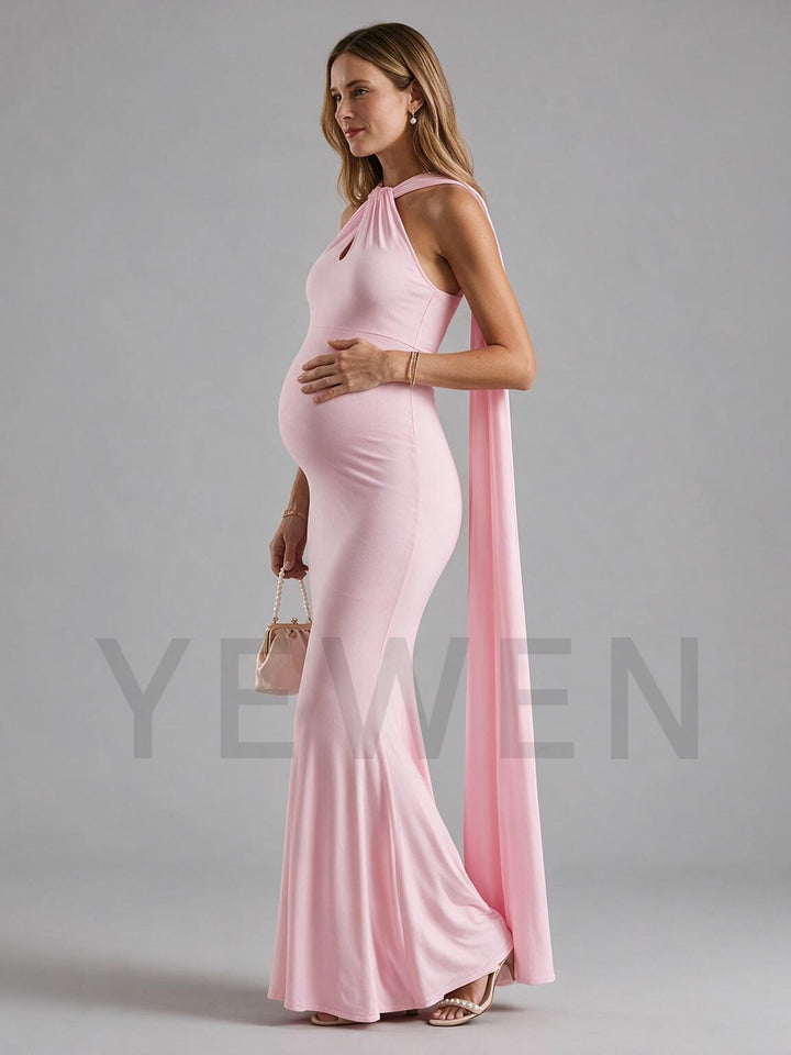 Halter Neck Keyhole Cape Maternity Dress for Baby Shower YM261006