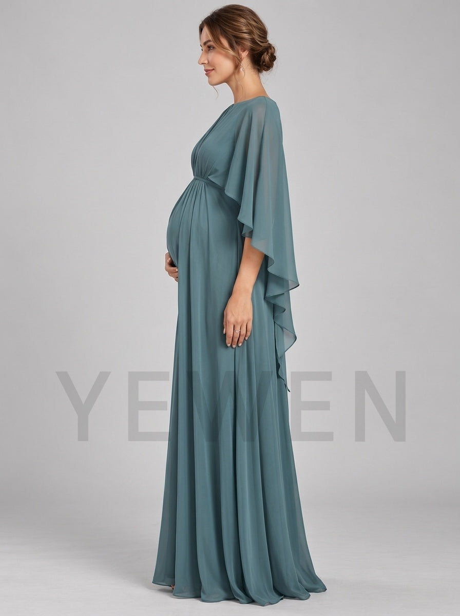 Satin Chiffon One-Shoulder Cape Maternity Baby Shower Dress L-26945