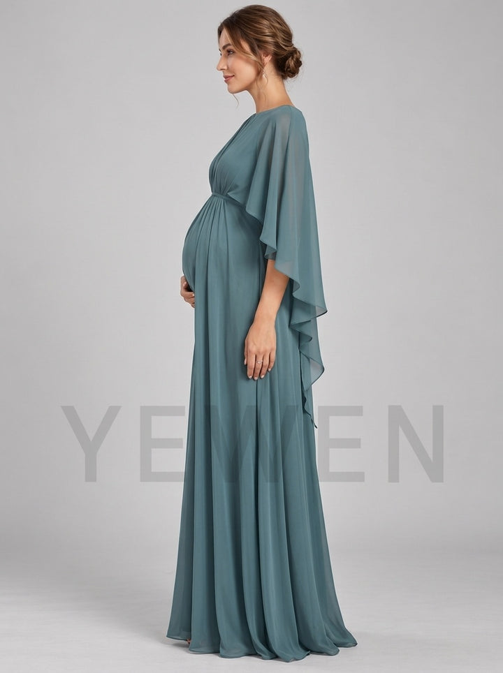 Satin Chiffon One-Shoulder Cape Maternity Baby Shower Dress L-26945